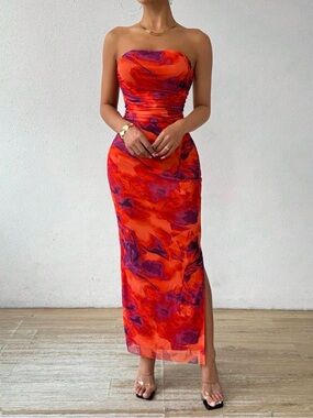 Red-Orange Sunset Print Slip Dress